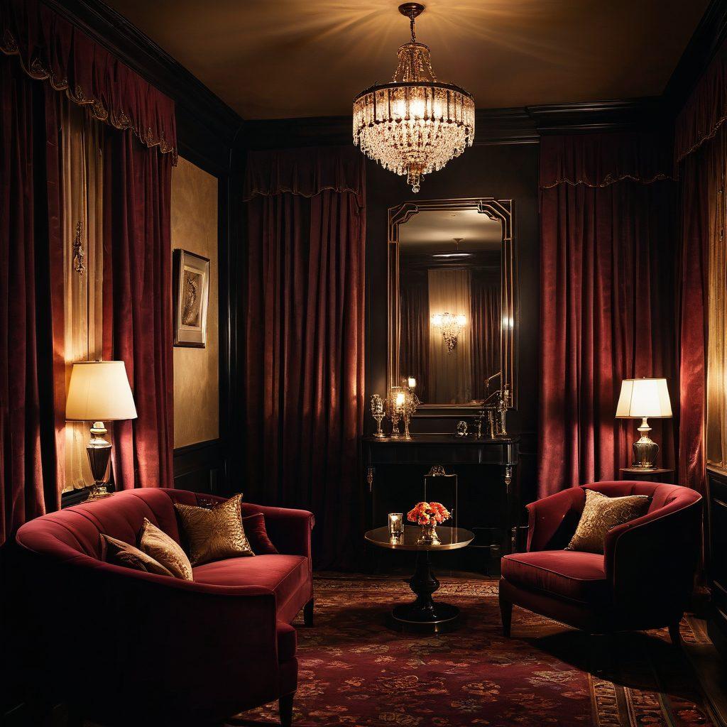 A dimly lit, lavishly decorated room with velvet curtains partially drawn, showcasing a vintage projector casting flickering images on the wall. Silhouettes of elegant characters engaged in playful yet mysterious activities create an alluring atmosphere. Subtle hints of opulence, like wine glasses and plush seating, enhance the intrigue. A shadowy door slightly ajar adds an element of secrecy. art deco style. rich colors. ambient lighting.