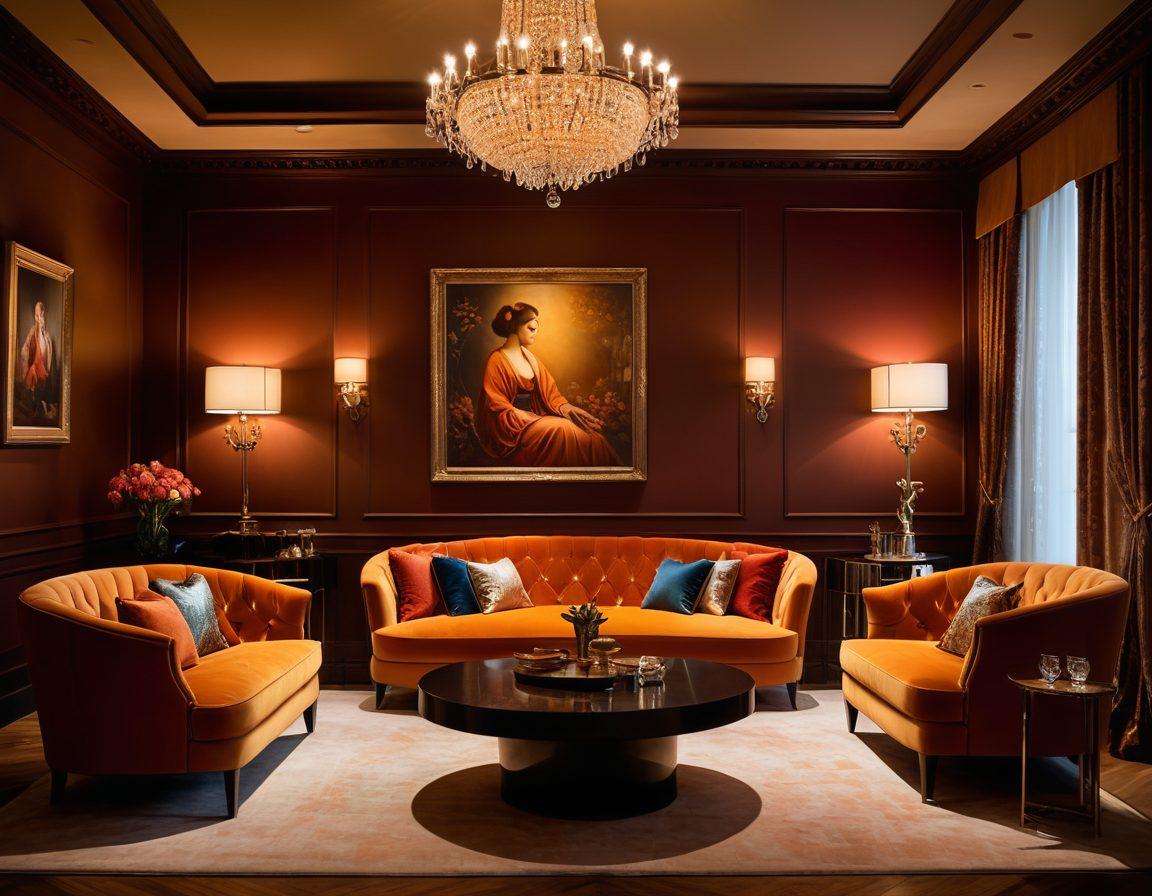 A captivating scene featuring an elegant, dimly lit lounge with luxurious decor, soft ambient lighting, and plush seating. Silhouettes of figures in lively conversation and playful engagement subtly showcased within an ambiance of allure and intimacy, surrounded by tasteful art and decorative elements that evoke a sense of sensuality. The color palette should be rich and warm, enhancing the inviting atmosphere. super-realistic. vibrant colors. soft focus.