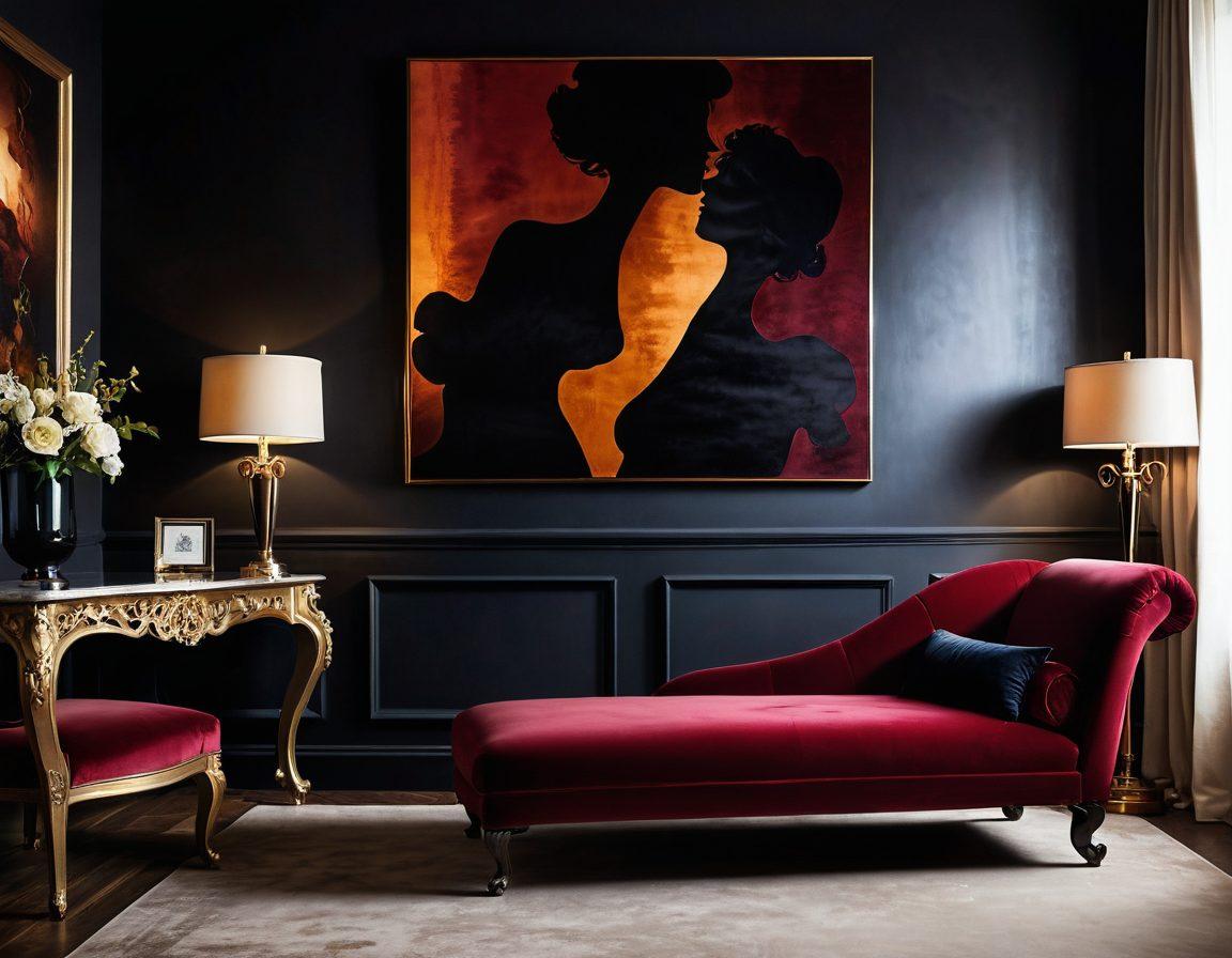 A captivating scene featuring an elegantly styled room adorned with rich, deep colors and soft lighting, showcasing a beautifully arranged collection of erotic art pieces on the walls. Include a plush velvet chaise longue in the foreground, inviting a sense of intimacy and allure. The atmosphere should feel sensual and intriguing, with shadows playing around the artwork to enhance their appeal. soft-focus. rich textures. warm tones. seductive ambiance.